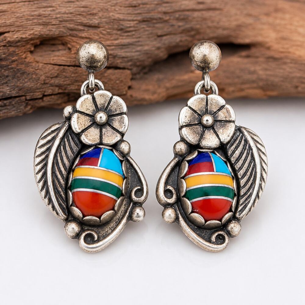 Vintage WM Wheeler Navajo Sterling Inlay Earrings Signed WMW 1 Inch